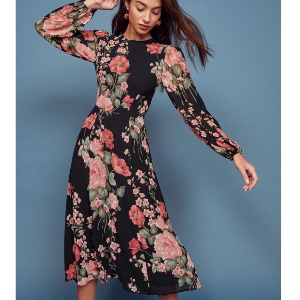 Reformation Black Floral Midi Dress